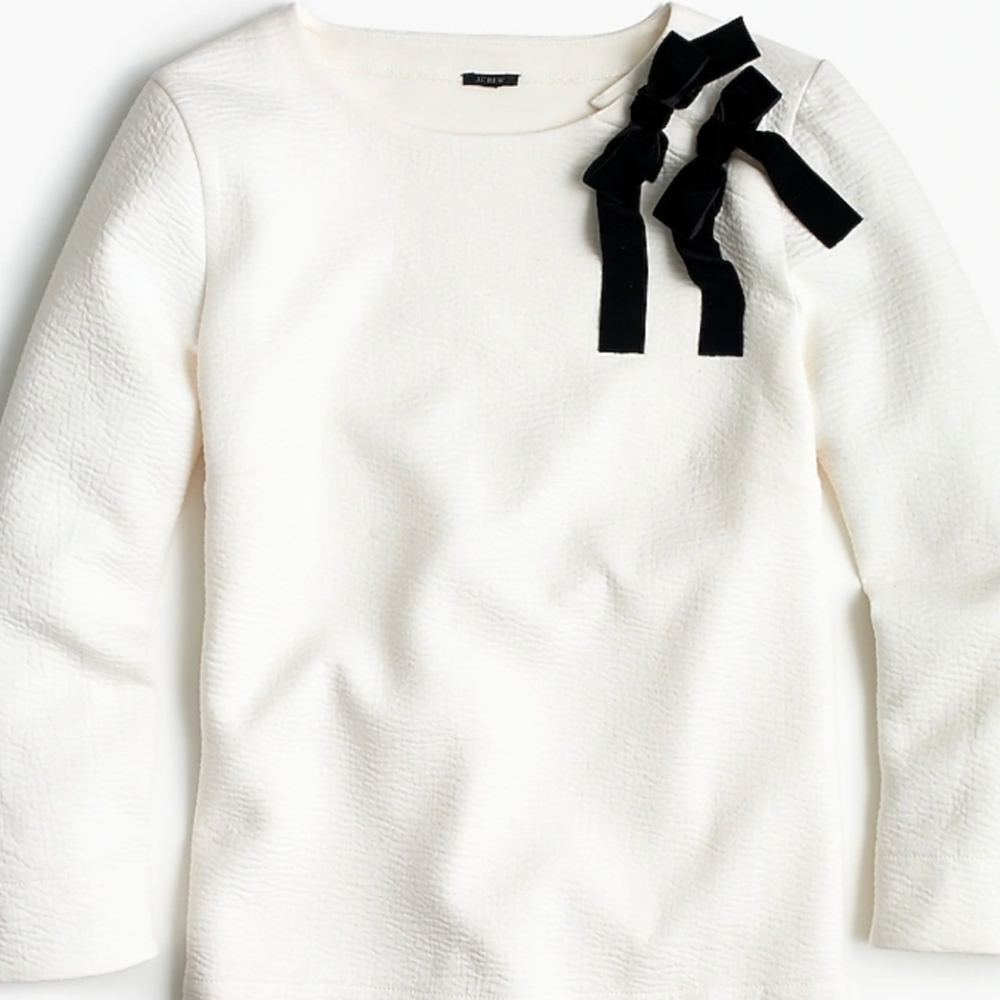 J. Crew White Bow-Detail Sweatshirt Medium Cotton Blend Coquette Minimal - Picture 2 of 7